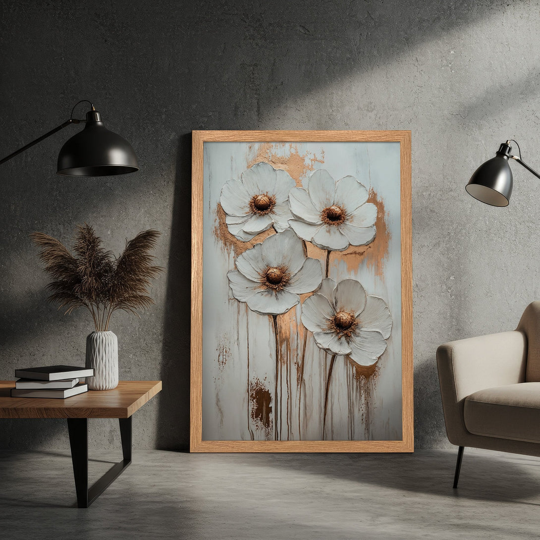 Framed Poster featuring white flower art with gold accents, a modern and elegant design with a neutral color palette.