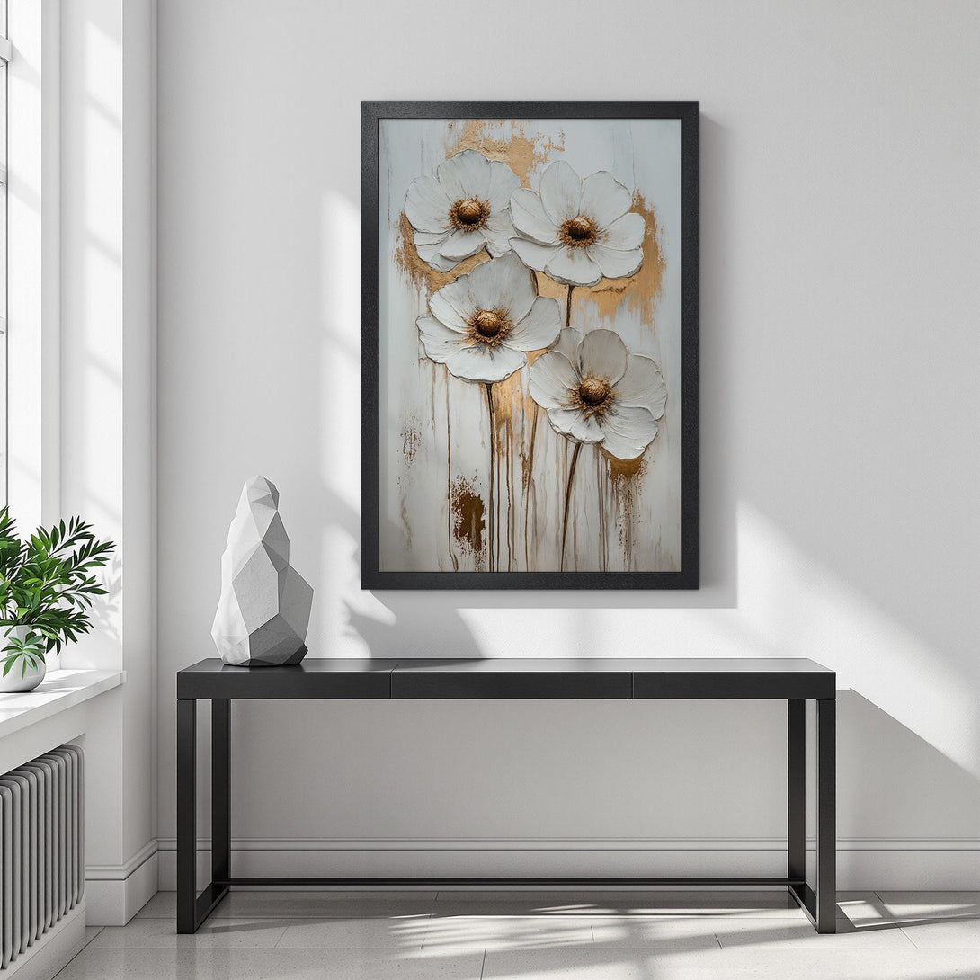 Framed Poster featuring white floral art with gold accents, modern style, neutral color palette.