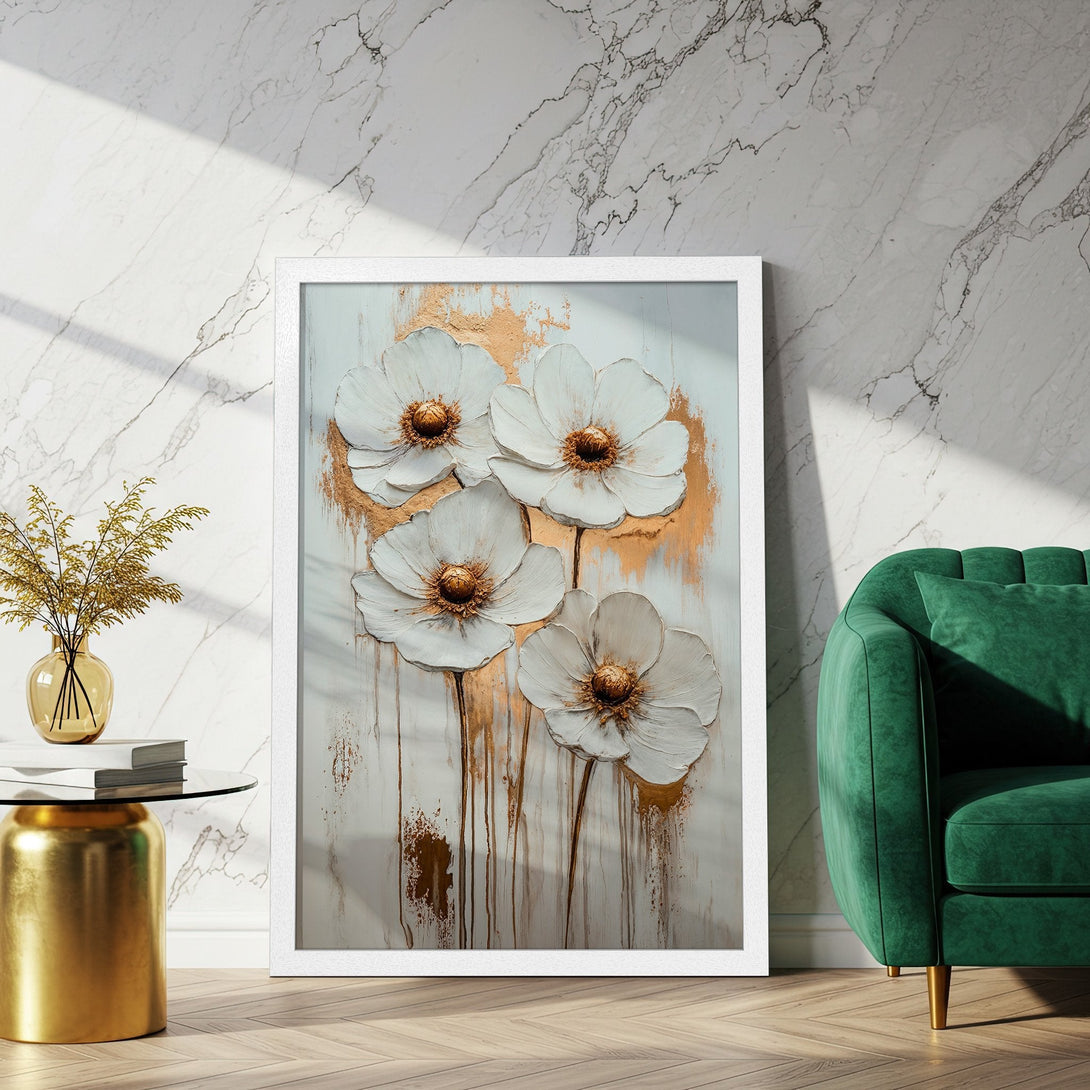 Framed Poster featuring white floral art with gold accents, elegant style, neutral & gold palette. Elevate your space!