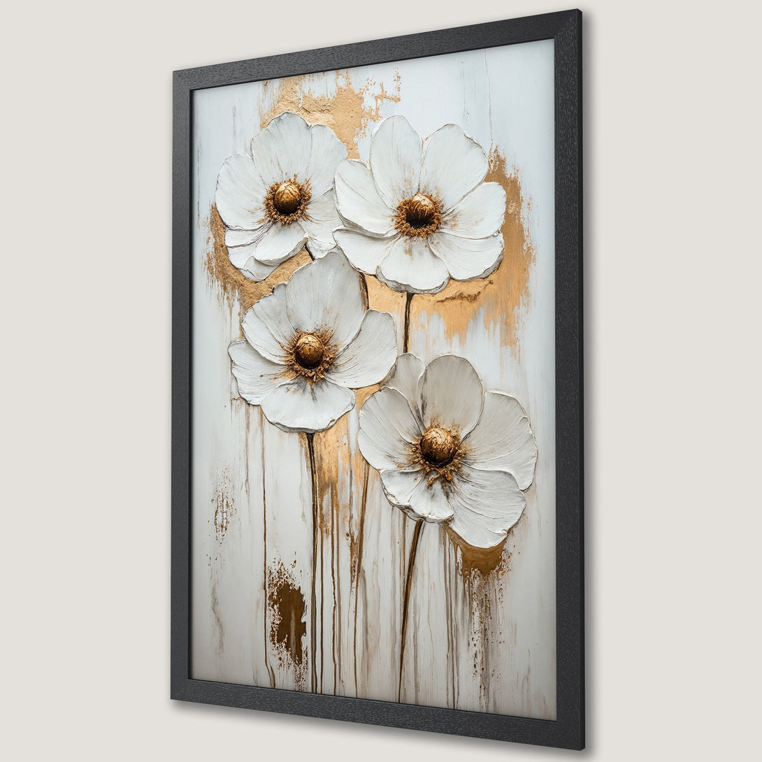 Framed Poster featuring white floral art with gold accents, a modern and elegant decor piece.