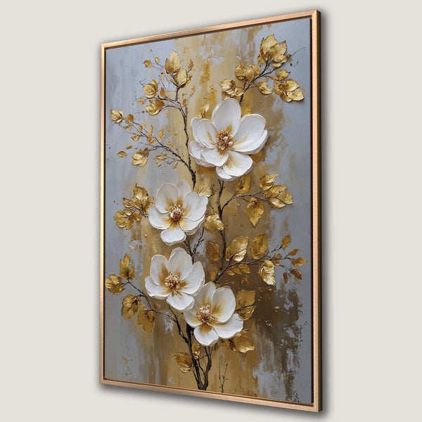 Framed Wall Art featuring elegant white flowers and gold leaves on a textured gray & gold background. Perfect for adding a touch of luxury to your space.