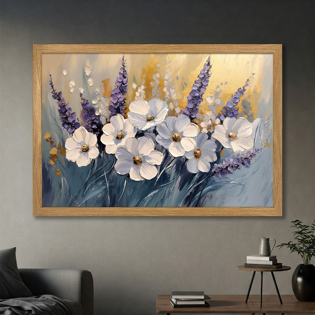 Framed Poster featuring white flowers and lavender in an impressionistic style with a blue, gold, and purple color palette. Perfect wall art!
