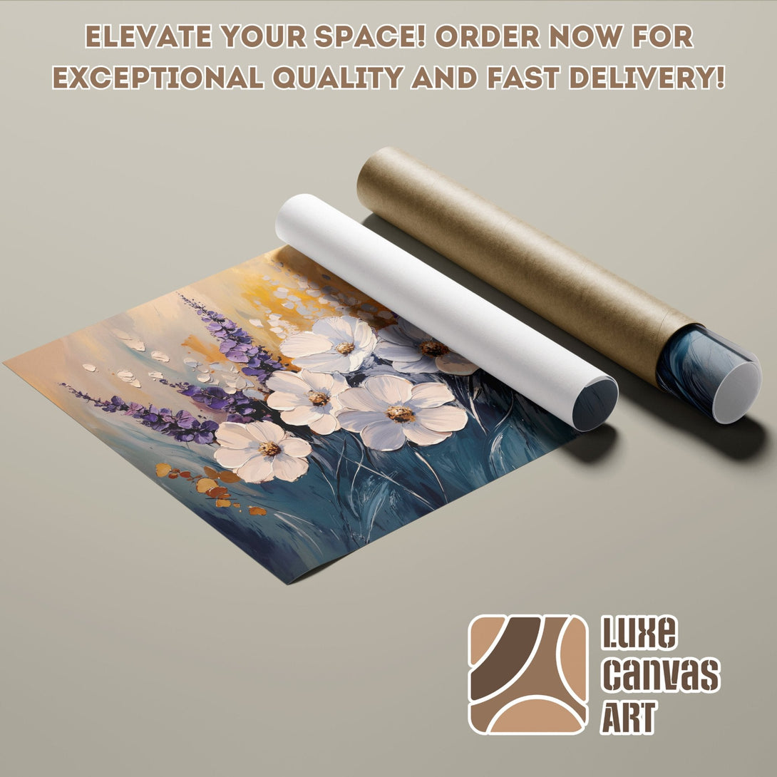 Poster Roll of floral art, impressionist style, with a blue, white, and yellow color palette. Order now!