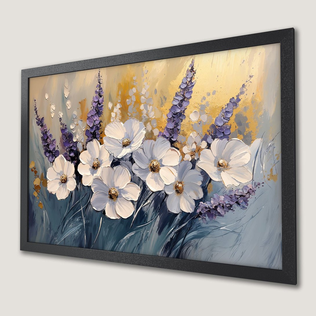 Framed Poster featuring white flowers and purple accents in a textured, impressionistic style with a gold and blue color palette.