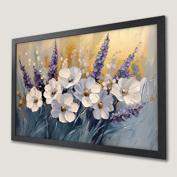 Framed Poster featuring white flowers and purple accents in a textured, impressionistic style with a gold and blue color palette.