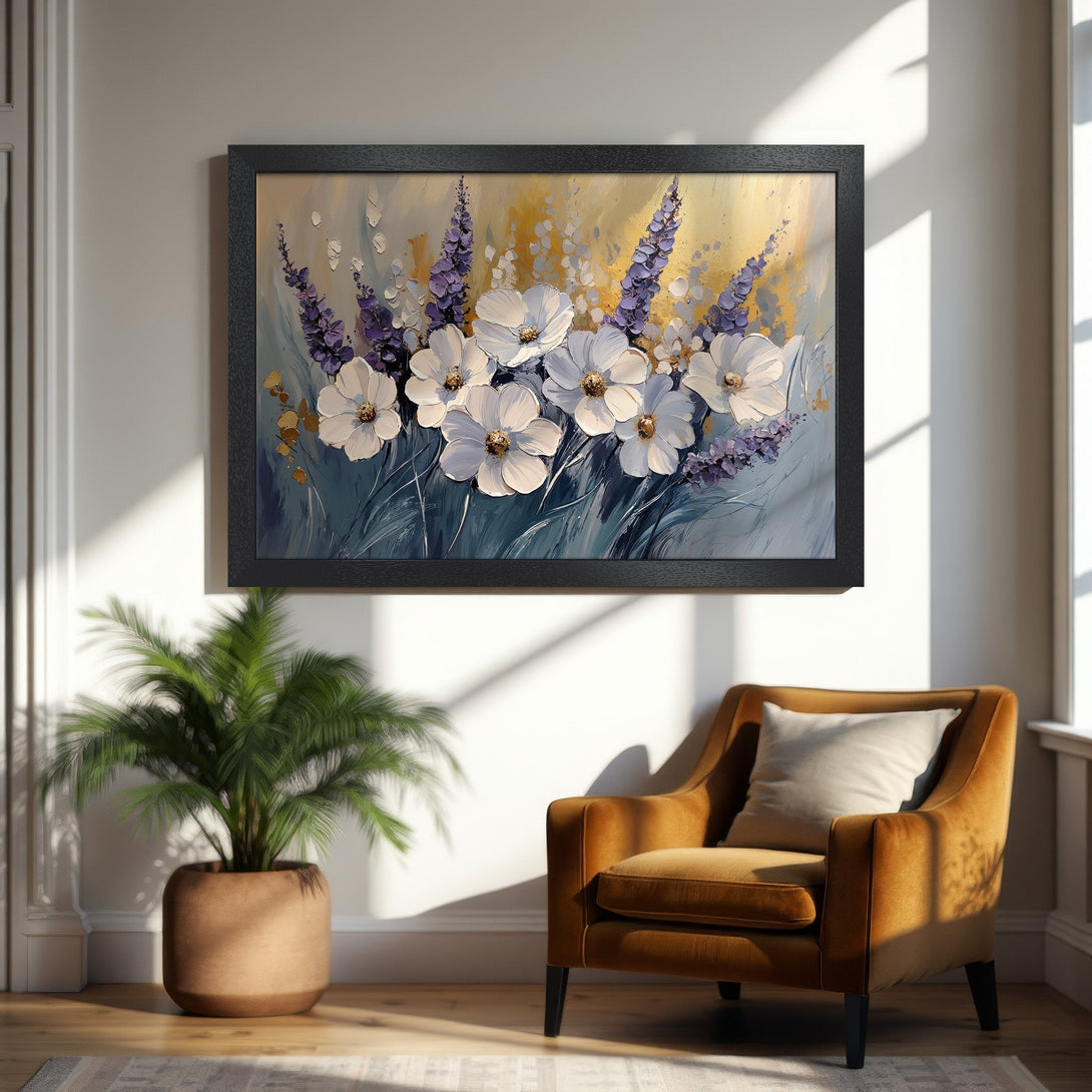 Framed Poster featuring white flowers in impressionist style, with a blue, gold, and purple color palette. Perfect wall art!