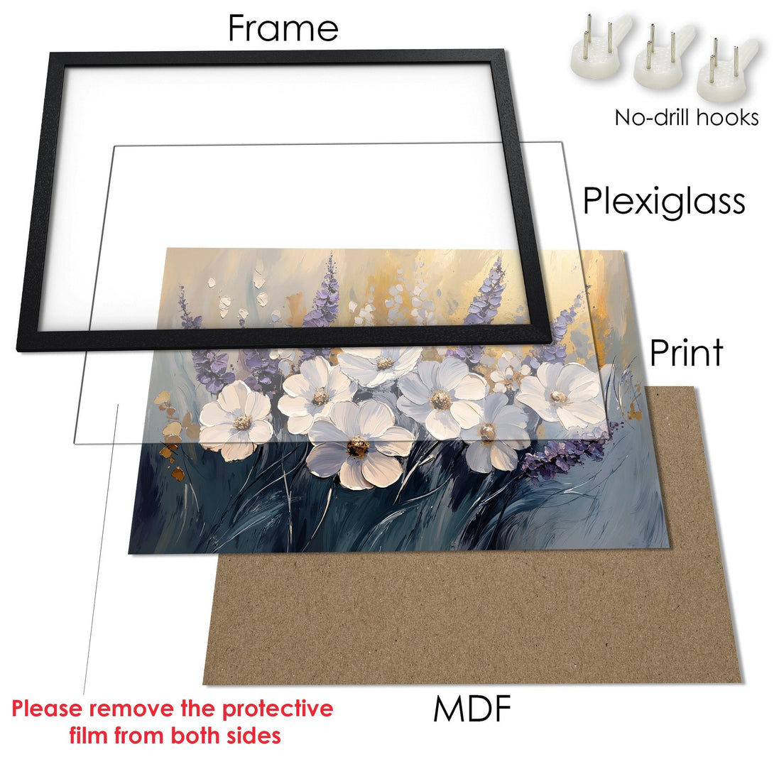 Framed Poster featuring white floral artwork in a soft, painterly style with a calming blue and yellow color palette.