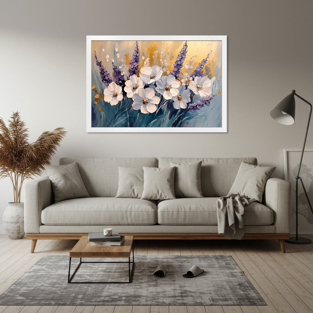 Framed Poster of white flowers and purple lavender in an impressionistic style, with a blue, yellow, and white color palette.