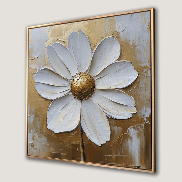 Framed Wall Art: Textured white daisy canvas print with gold and neutral tones. Modern floral art perfect for any space.