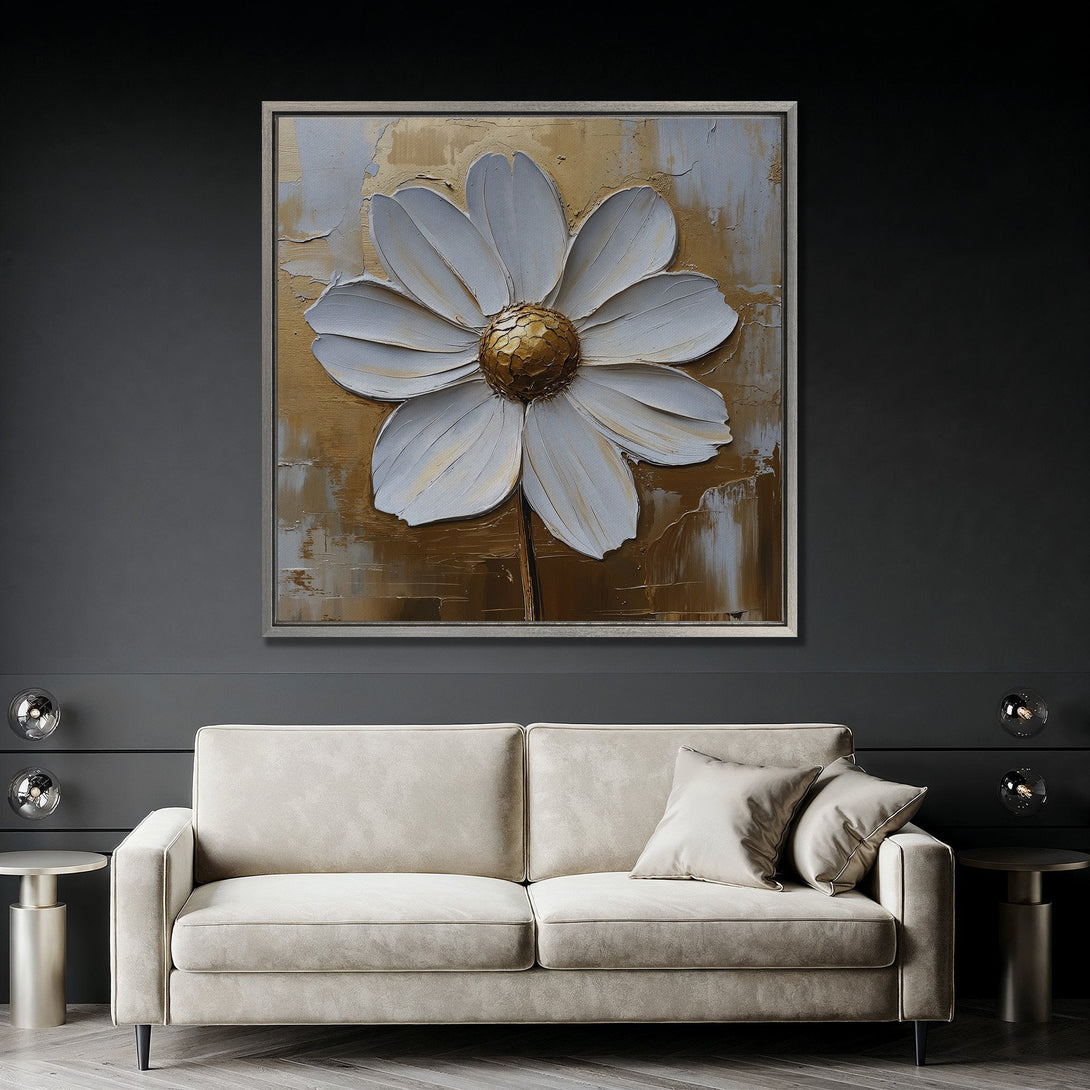 Framed Wall Art: Textured daisy painting in gold, gray, and white. Modern floral art for living room decor. Adds elegance and style.