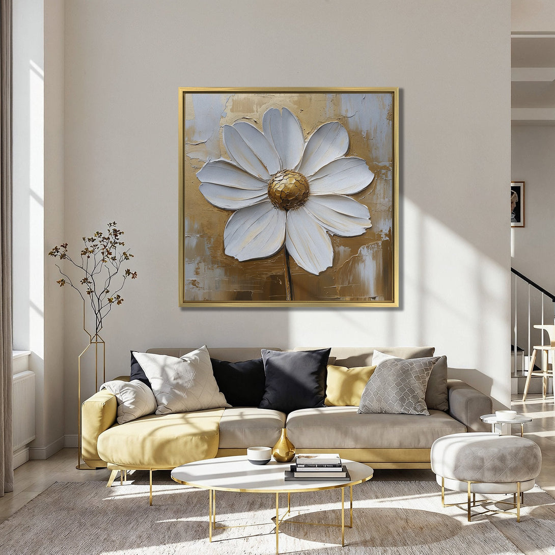Canvas Print of a textured white daisy on gold background. Modern wall art with a warm, inviting color palette. Perfect for living room decor.