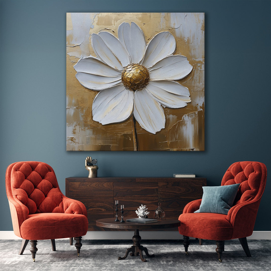 Framed Wall Art: Textured white daisy painting with gold and neutral color palette. Modern floral art for living room decor.
