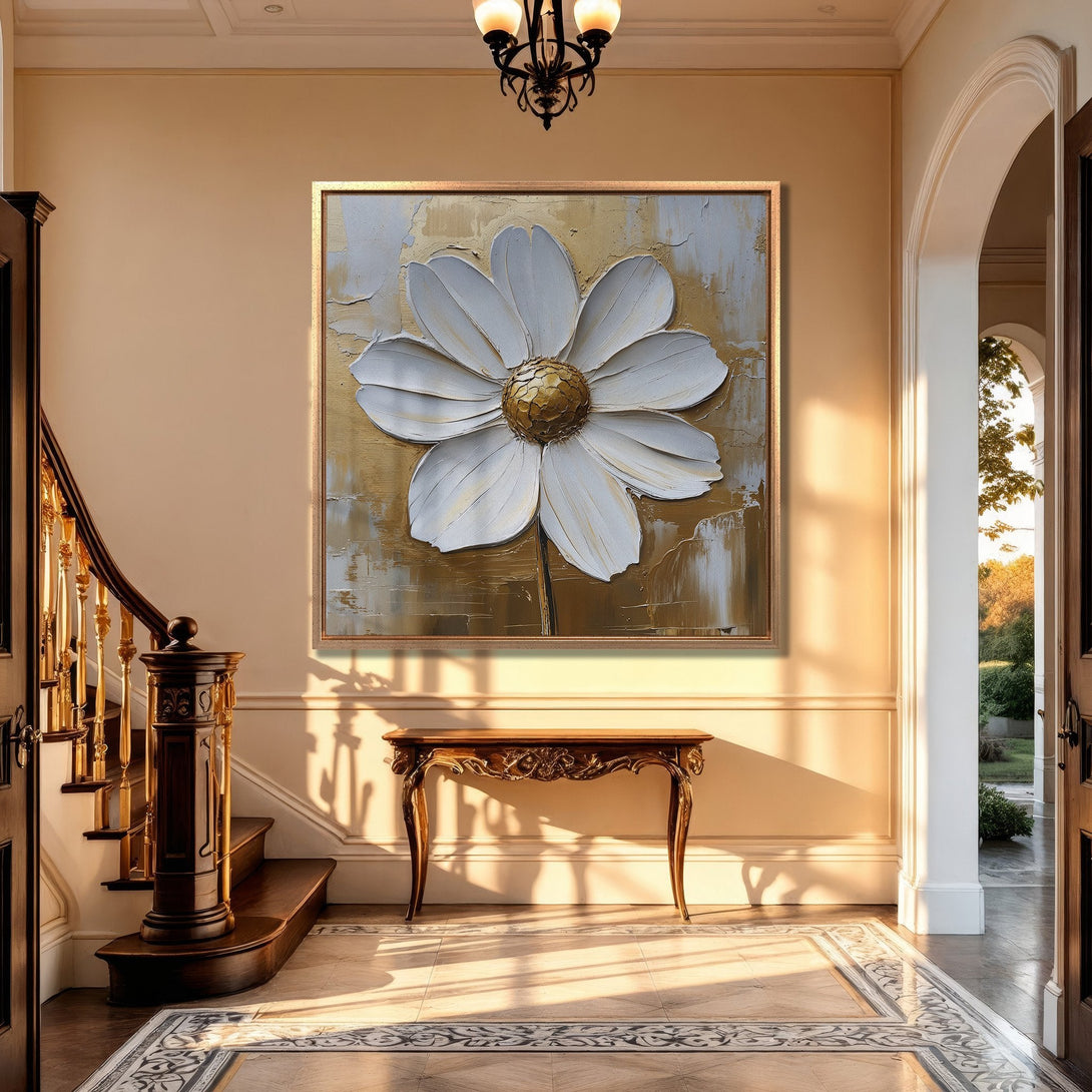 Framed Wall Art: Textured white daisy painting with gold and neutral tones, adding elegance to any interior. Perfect for modern or classic decor.