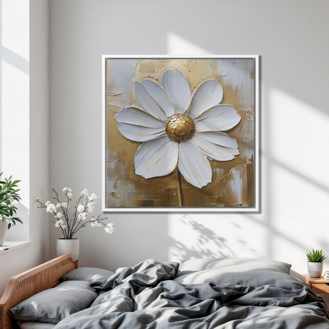 Framed Wall Art: Textured white daisy painting with gold and neutral tones. Modern floral art for bedroom decor.