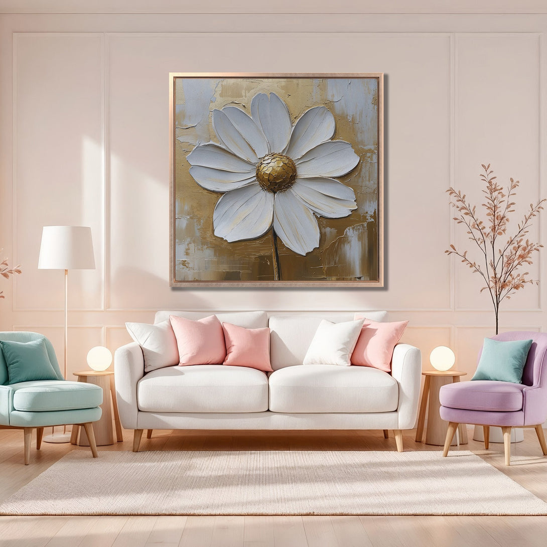 Framed Wall Art: Stunning white daisy painting with gold accents, displayed in a stylish interior. Soft, neutral color palette perfect for modern home decor.