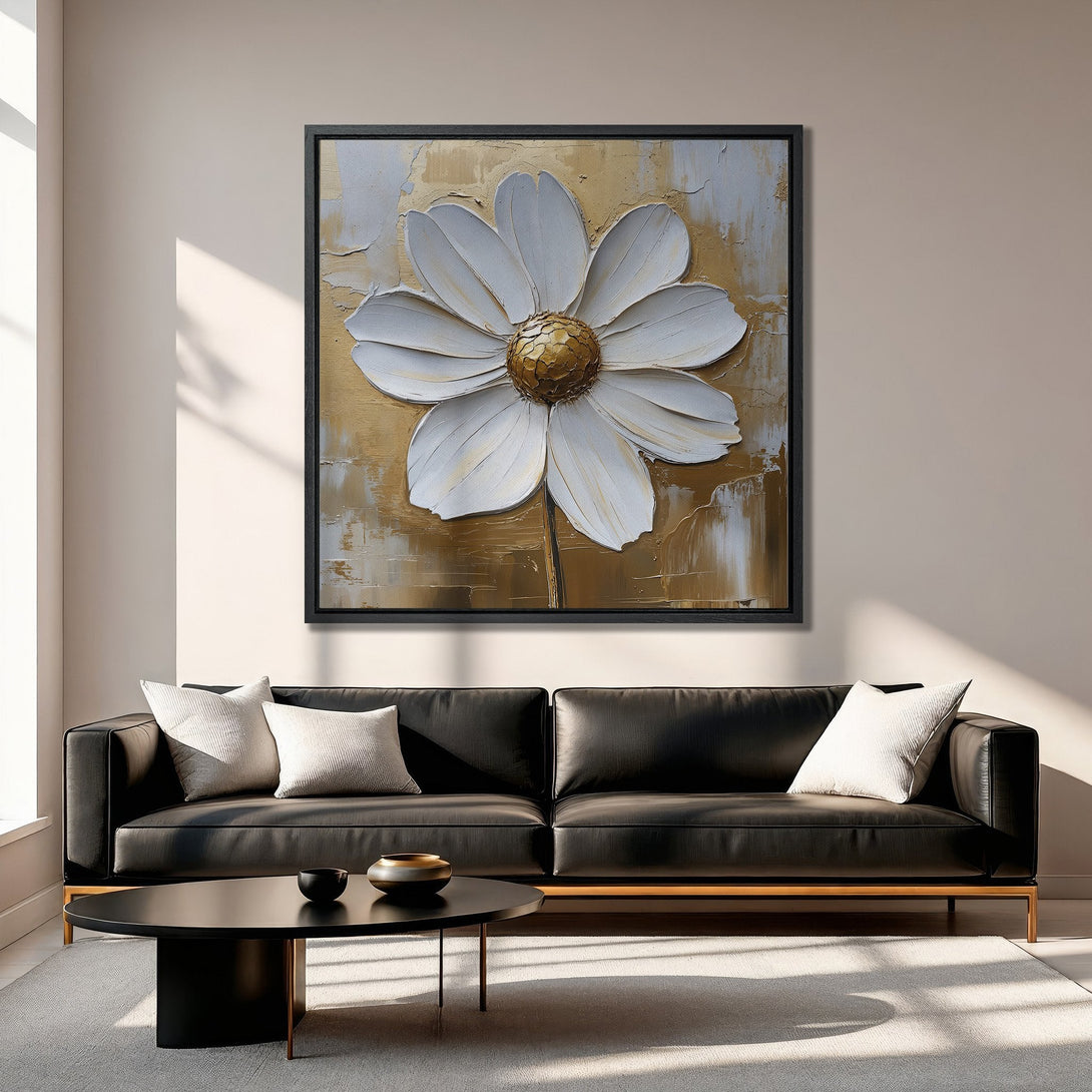 Framed Wall Art featuring a textured white flower painting with gold and neutral tones. Modern decor for living room. Shop Canvas Prints for your home!