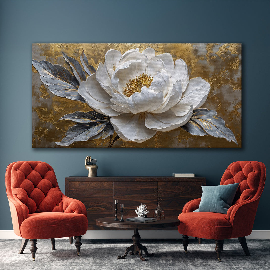 Framed Wall Art: Elegant white flower Canvas Print with gold and gray accents. Modern artwork perfect for living room decor.