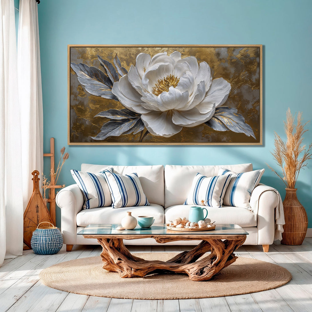 Framed Wall Art: Elegant white peony painting with gold and gray accents. Coastal style decor in a serene blue and neutral color palette.