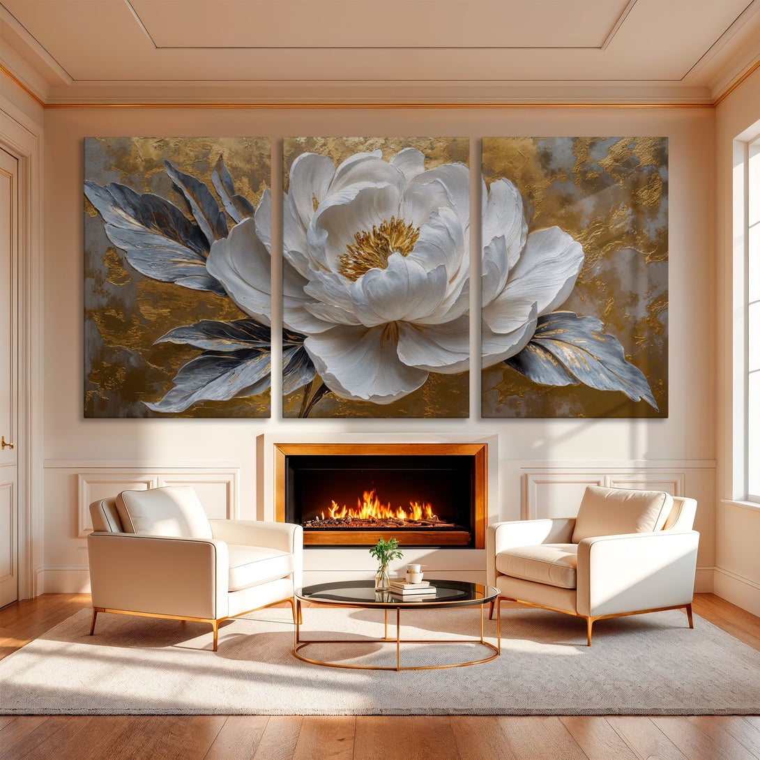 Elegant Canvas Print of a white peony flower with gold and gray accents. Modern wall art in a luxurious interior setting.