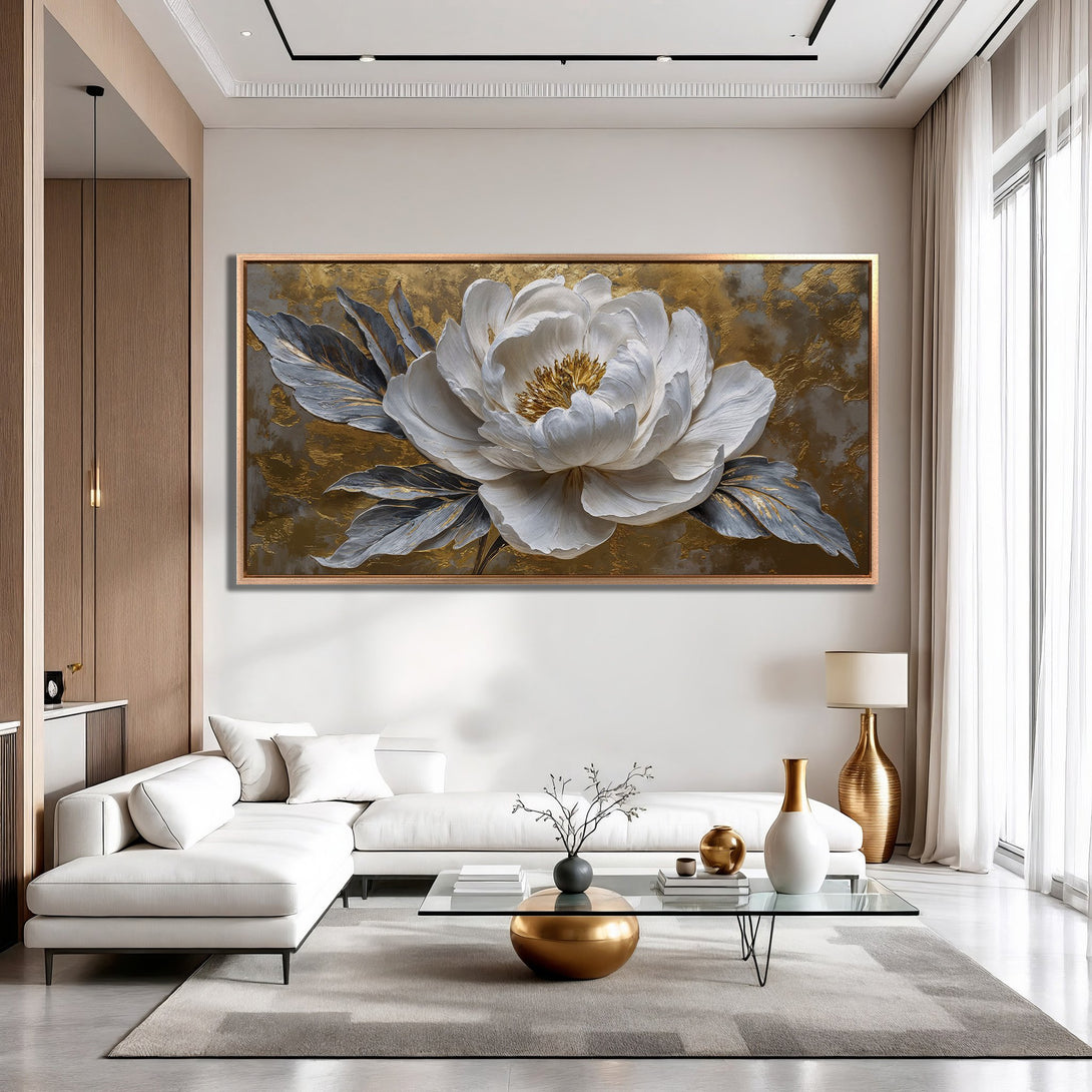 Framed Wall Art featuring a large, textured white peony with gold and gray accents. Modern, elegant decor with a neutral color palette.