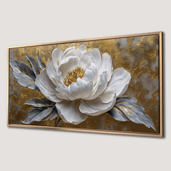 Framed Wall Art: Elegant white peony canvas print with gold and grey accents. Modern floral art for a luxurious home decor statement.