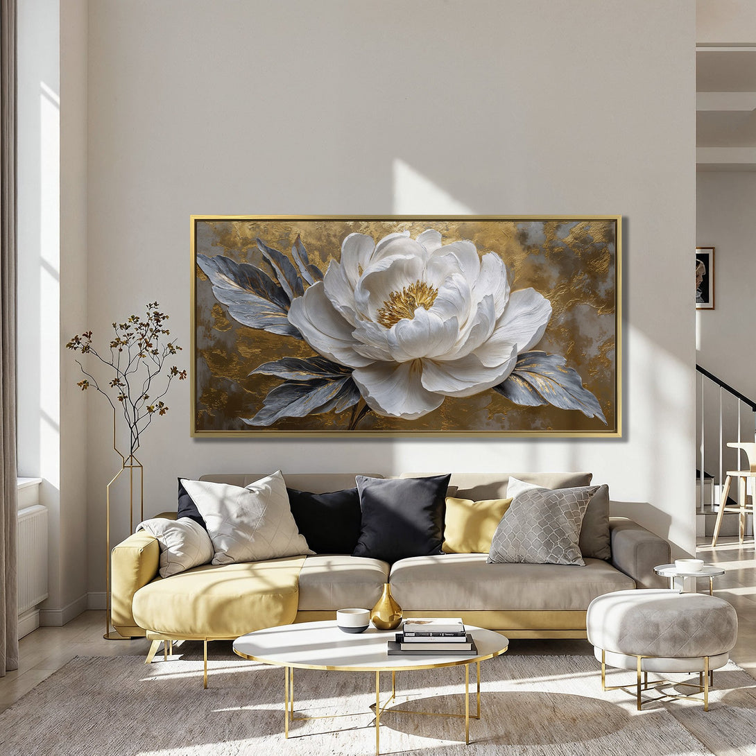 Canvas Print featuring a large white peony flower with gold and gray accents. Elegant wall art with a warm, inviting color palette.