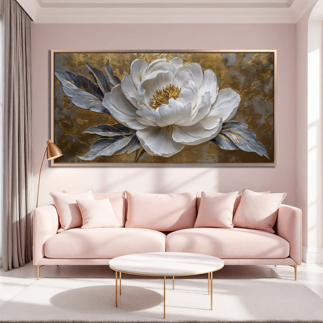 Framed Wall Art: Elegant white peony canvas print with gold and gray accents, perfect for adding a touch of luxury to any space.