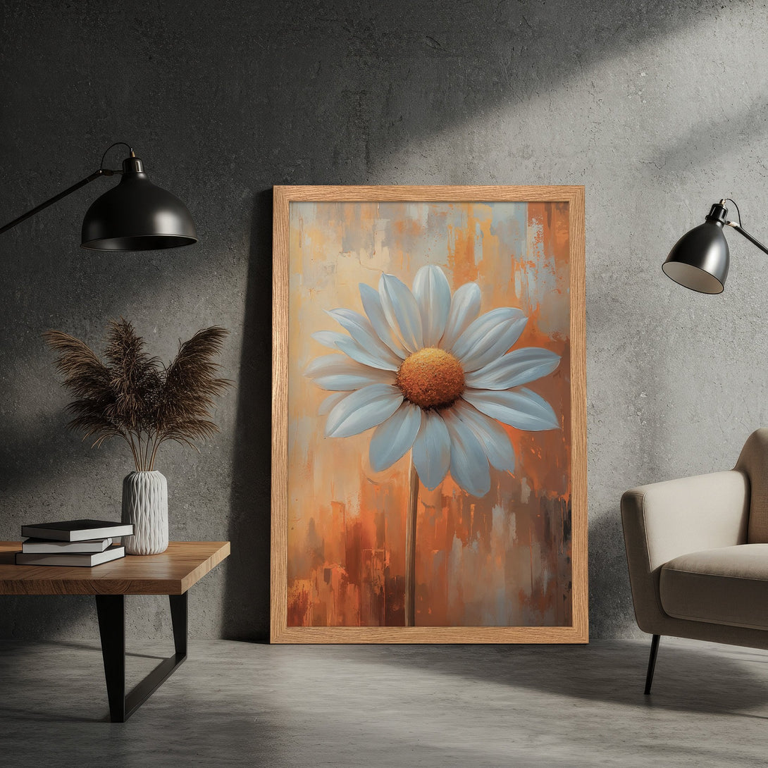 Framed Poster featuring a daisy flower in an abstract style with warm orange and cool blue tones. Perfect wall art!