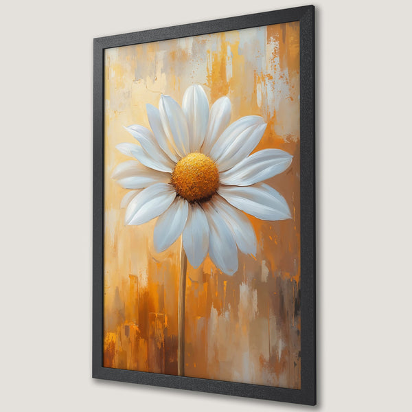 Framed Poster featuring a white daisy painting with an abstract style and warm yellow and orange color palette. Perfect wall art!