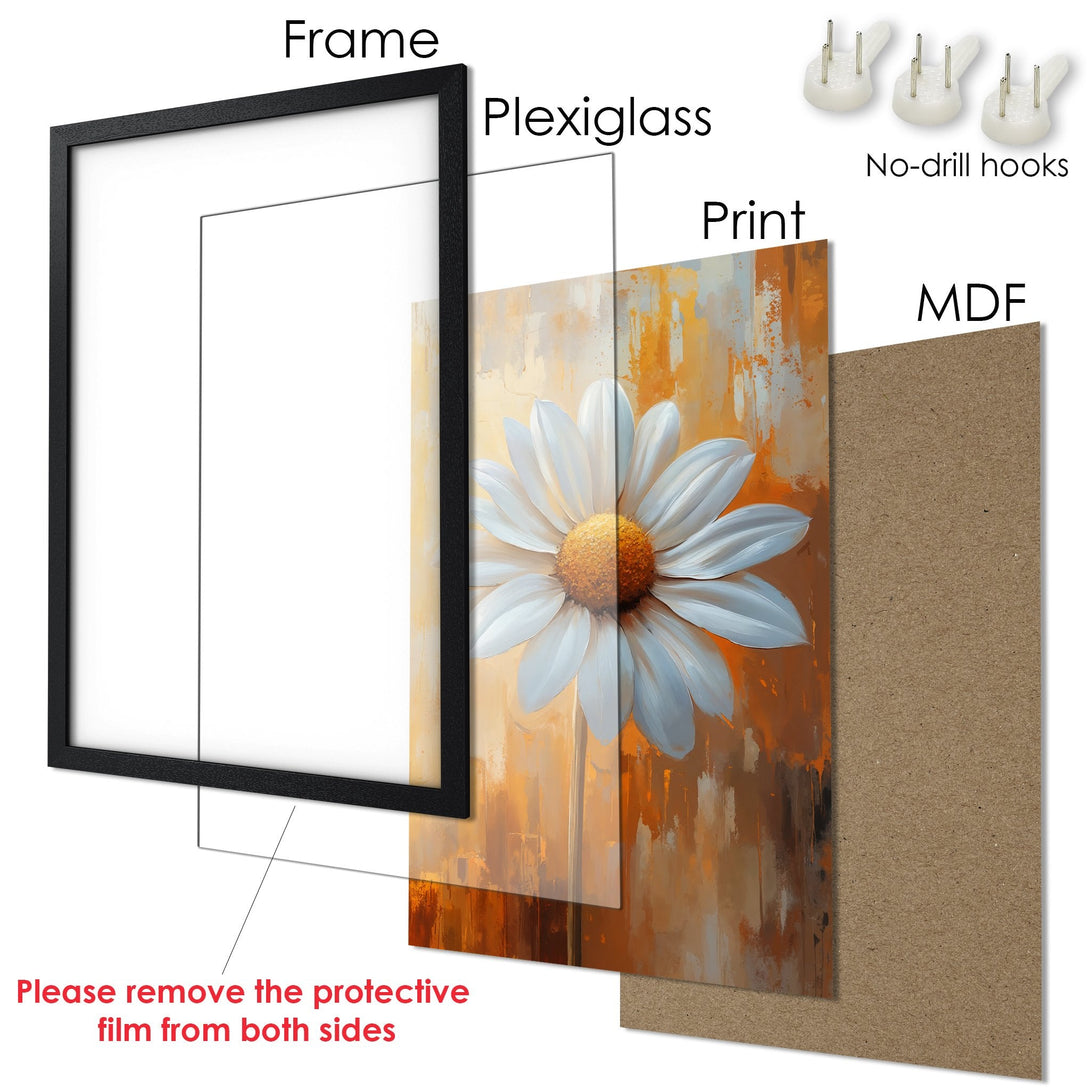 Framed Poster featuring a daisy painting in an abstract style with a warm orange and white color palette. Perfect wall art!