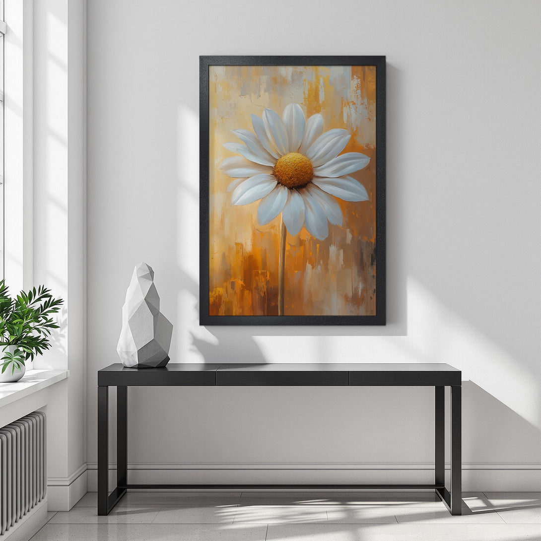 Framed Poster featuring a daisy painting in warm yellow and white hues. Perfect floral art for your home decor!
