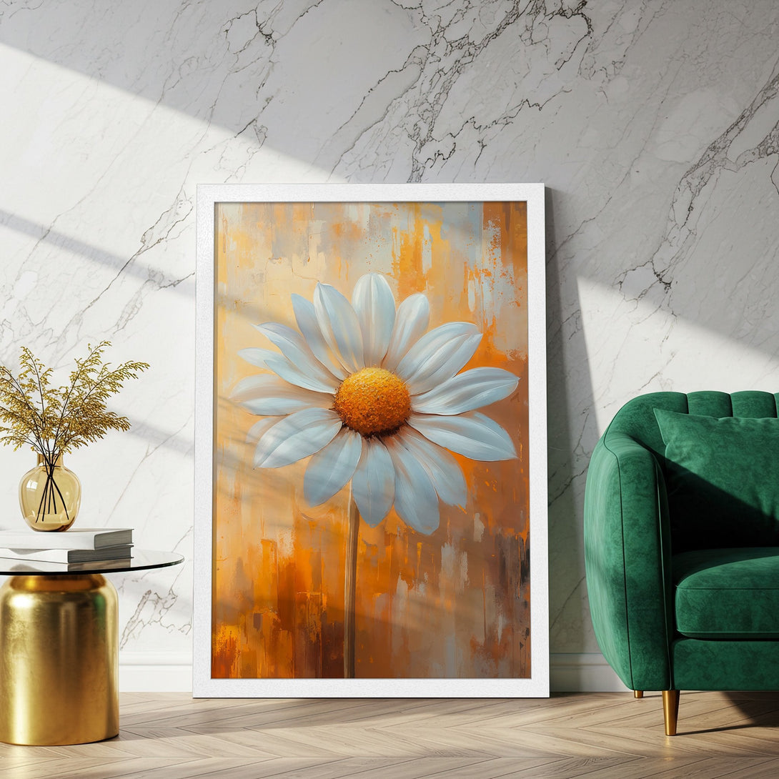 Framed Poster featuring a large daisy in an abstract style with a warm orange and white color palette. Perfect wall art!