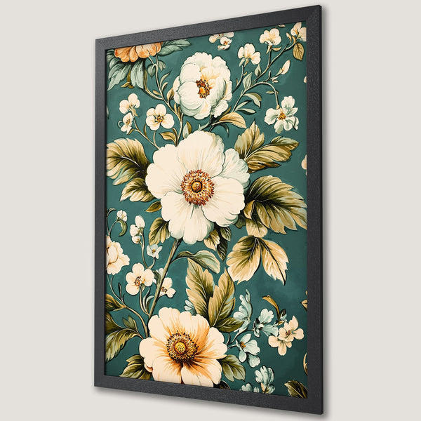 Framed Poster featuring elegant floral design with white and yellow flowers on a teal background. Perfect wall art!