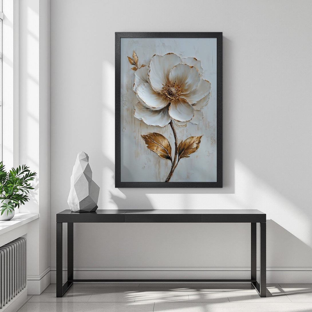 Framed Poster featuring a white and gold floral design, perfect for modern home decor. Neutral color palette.