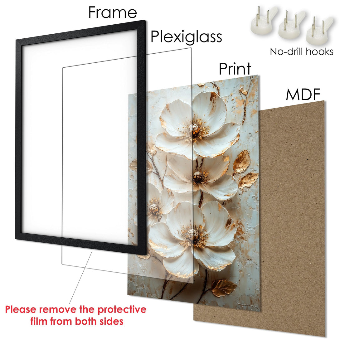 Framed Poster featuring elegant white floral art with gold accents. Modern style, neutral color palette. Perfect wall decor!
