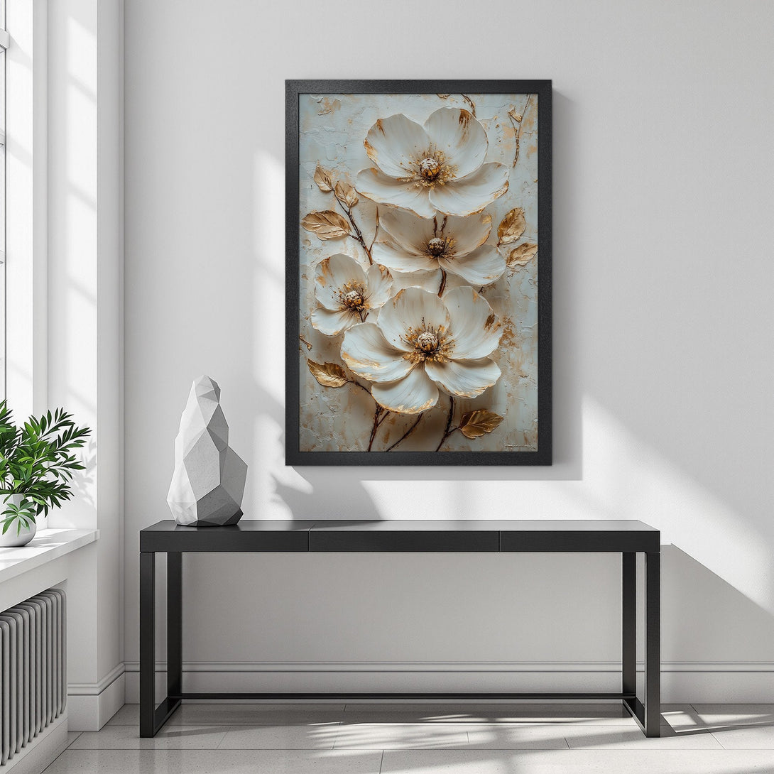 Framed Poster featuring elegant white and gold floral art, perfect for modern home decor. Neutral color palette.