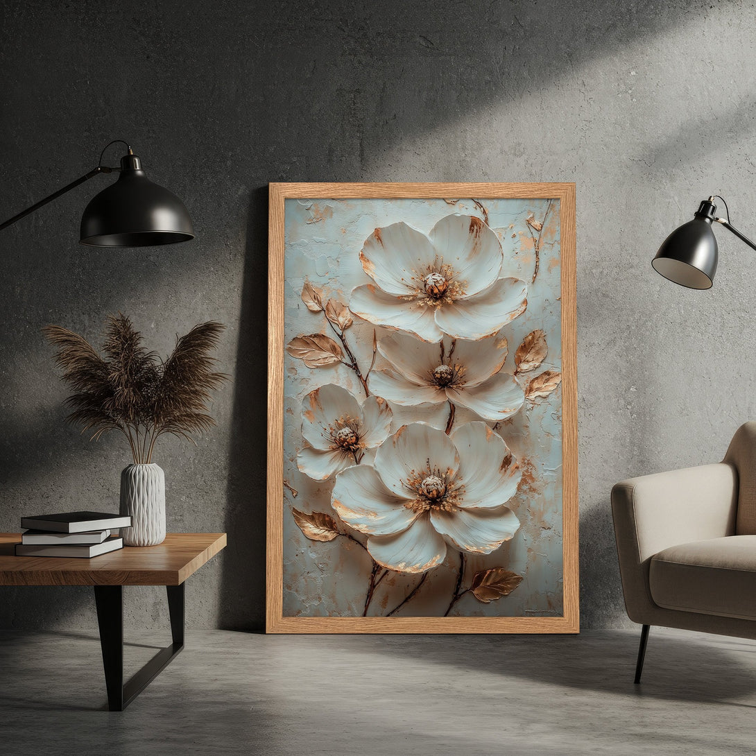 Framed Poster featuring elegant white floral art with gold accents, displayed in a neutral color palette for modern home decor.