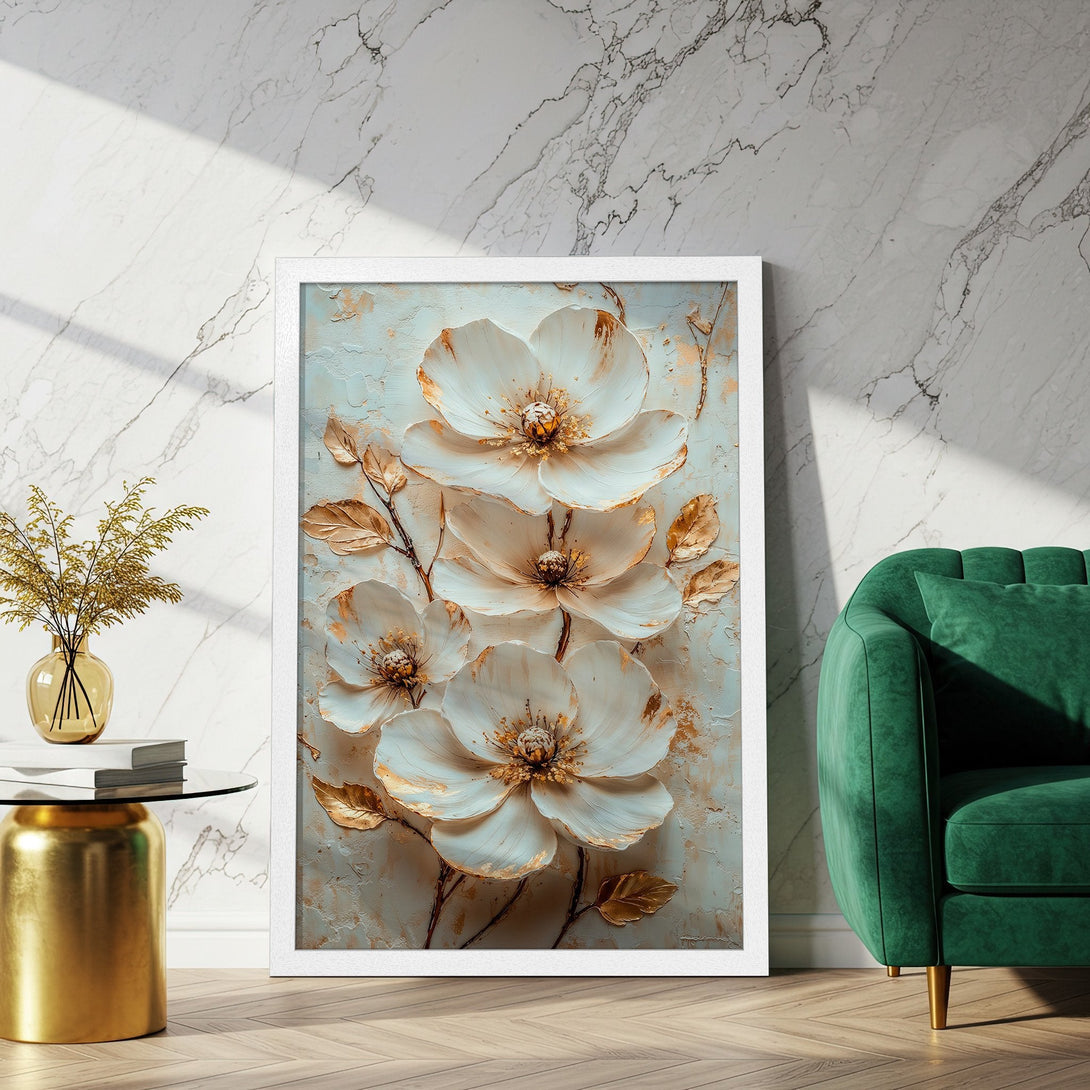 Framed Poster featuring elegant white floral art with gold accents. Modern style, neutral and gold color palette. Perfect wall decor!