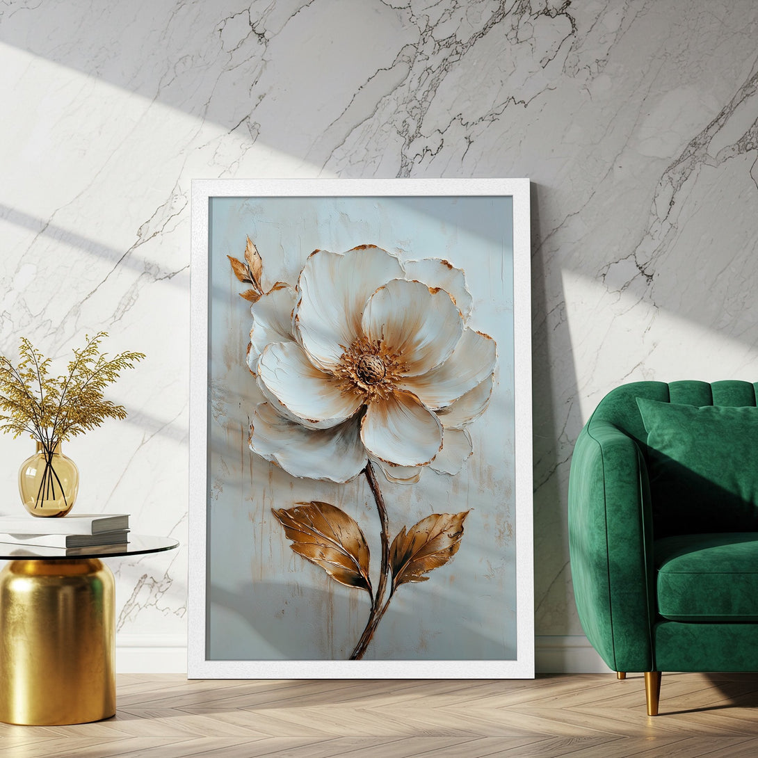 Framed Poster featuring a textured white and gold floral design. Elegant style with neutral and warm tones, perfect for home decor.