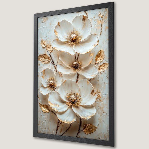 Framed Poster featuring elegant white and gold floral art on a textured background. Perfect for adding a touch of luxury to your home decor.