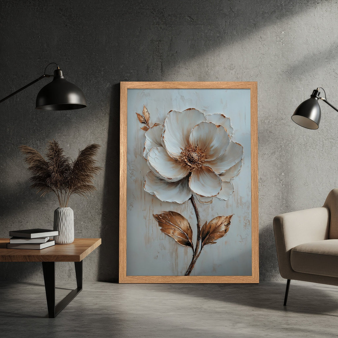Framed Poster featuring a large, textured flower in neutral tones of white, gold, and brown. Modern art for home decor.