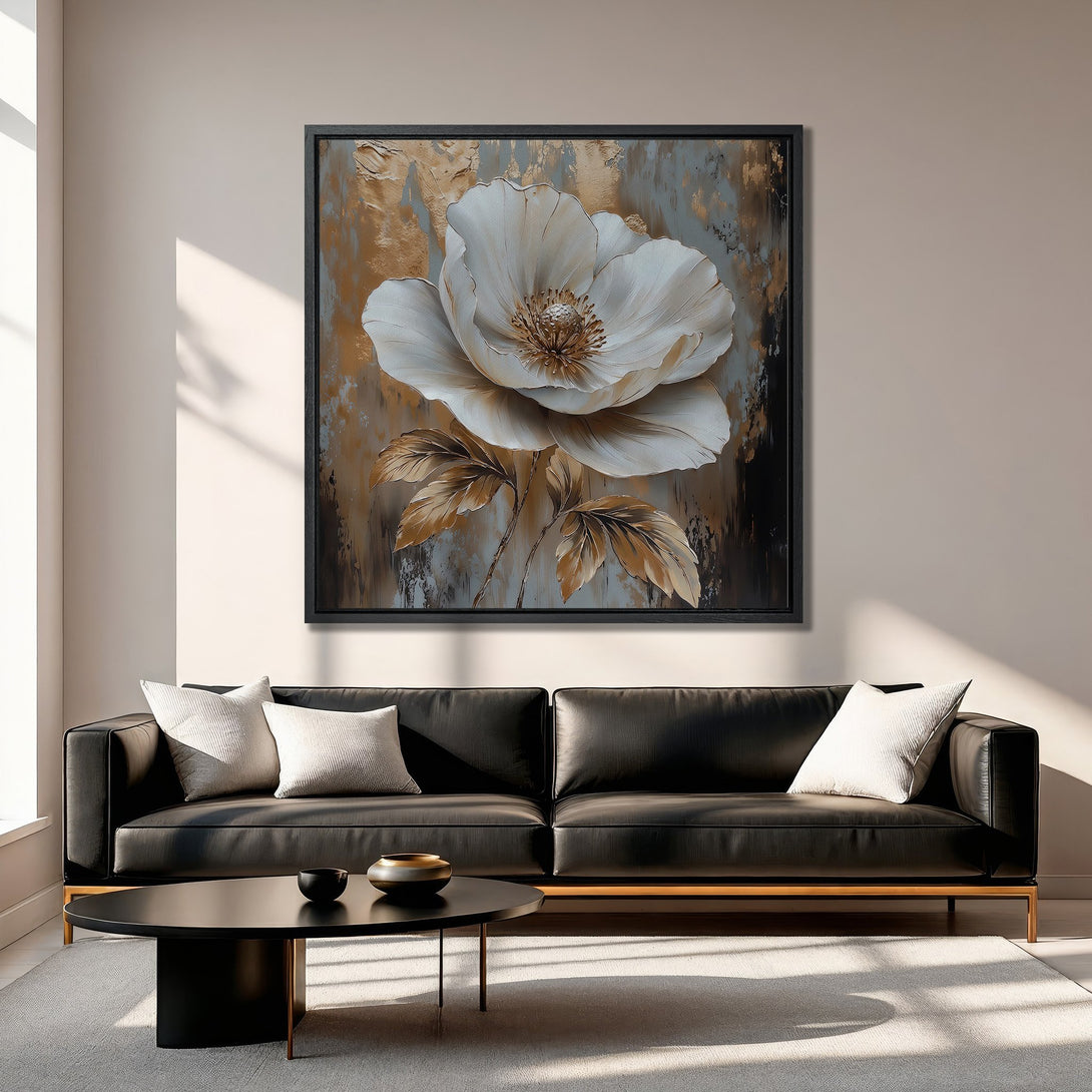 Framed Wall Art: Large floral canvas print in neutral tones. Modern abstract art with white flower, gold & gray palette, perfect for living room decor.