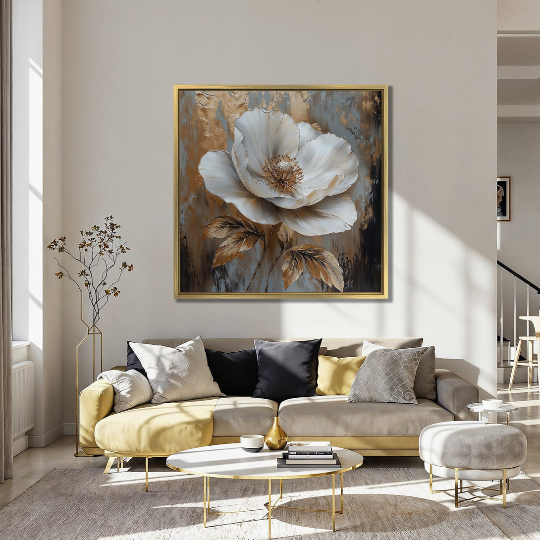 Canvas Print of a large floral painting in a modern interior. Features a white flower with gold and teal tones. Perfect wall art!