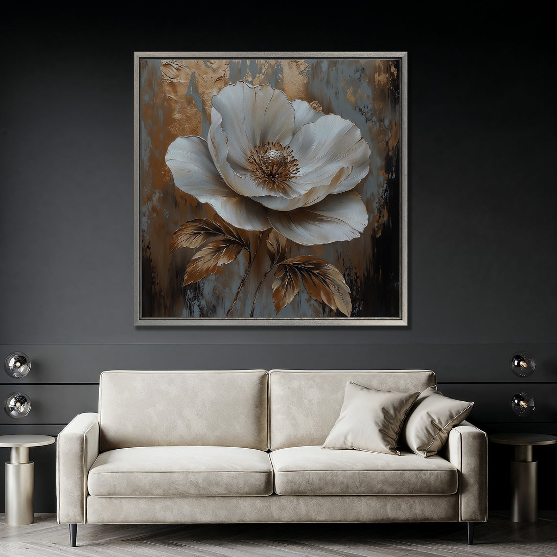 Framed Wall Art: Large floral canvas print in neutral tones. Modern abstract style with white flower, bronze and grey color palette. Perfect for living room decor.