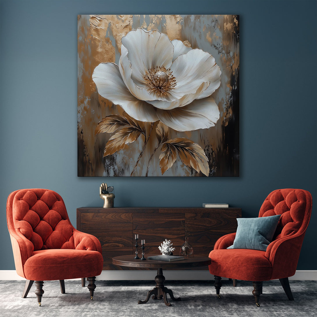 Framed Wall Art: Elegant floral canvas print in gold, white, and brown tones. Perfect for adding a touch of luxury to any living room.