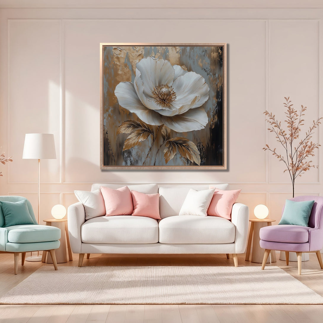 Framed Wall Art featuring a large white flower painting in a modern interior. Soft, pastel color palette with gold accents. Perfect home decor!