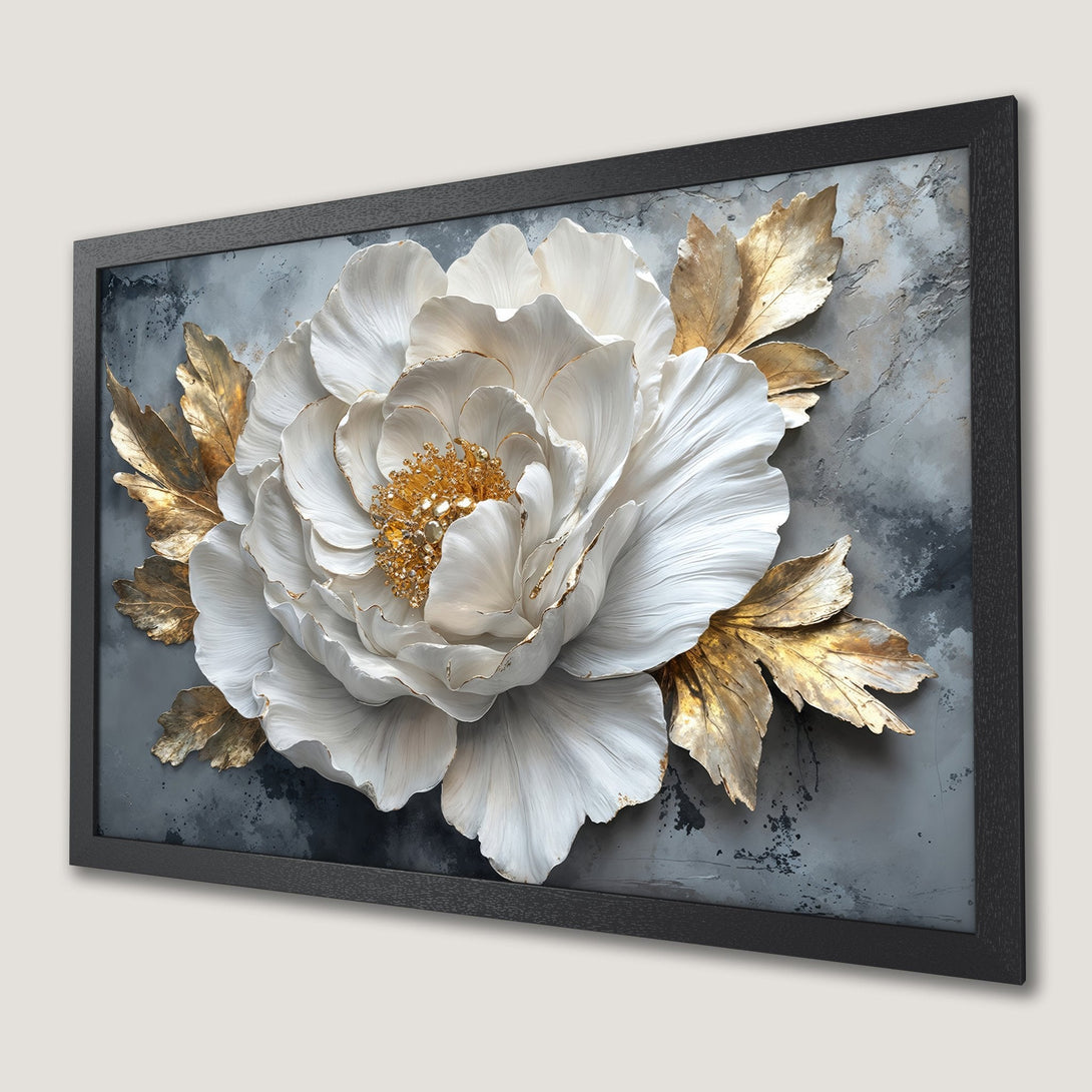 Framed Poster featuring a white and gold floral design on a textured gray background. Elegant, modern art.