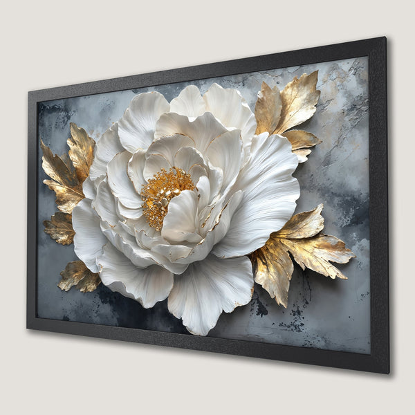 Framed Poster featuring a white and gold floral design on a textured gray background. Elegant, modern art.
