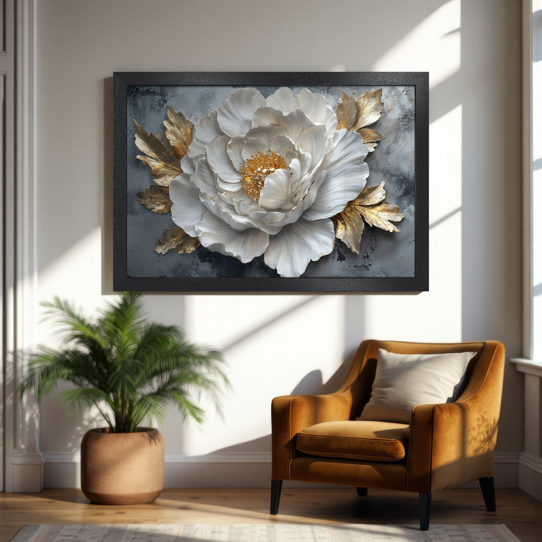 Framed Poster featuring a 3D white flower with gold accents, set against a gray backdrop. Elegant art print in a warm color palette.