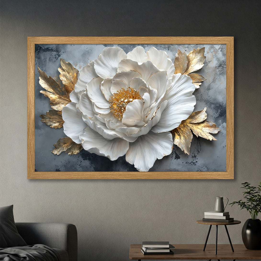 Framed Poster featuring a stunning white and gold floral design on a gray backdrop, adding elegance to any space.